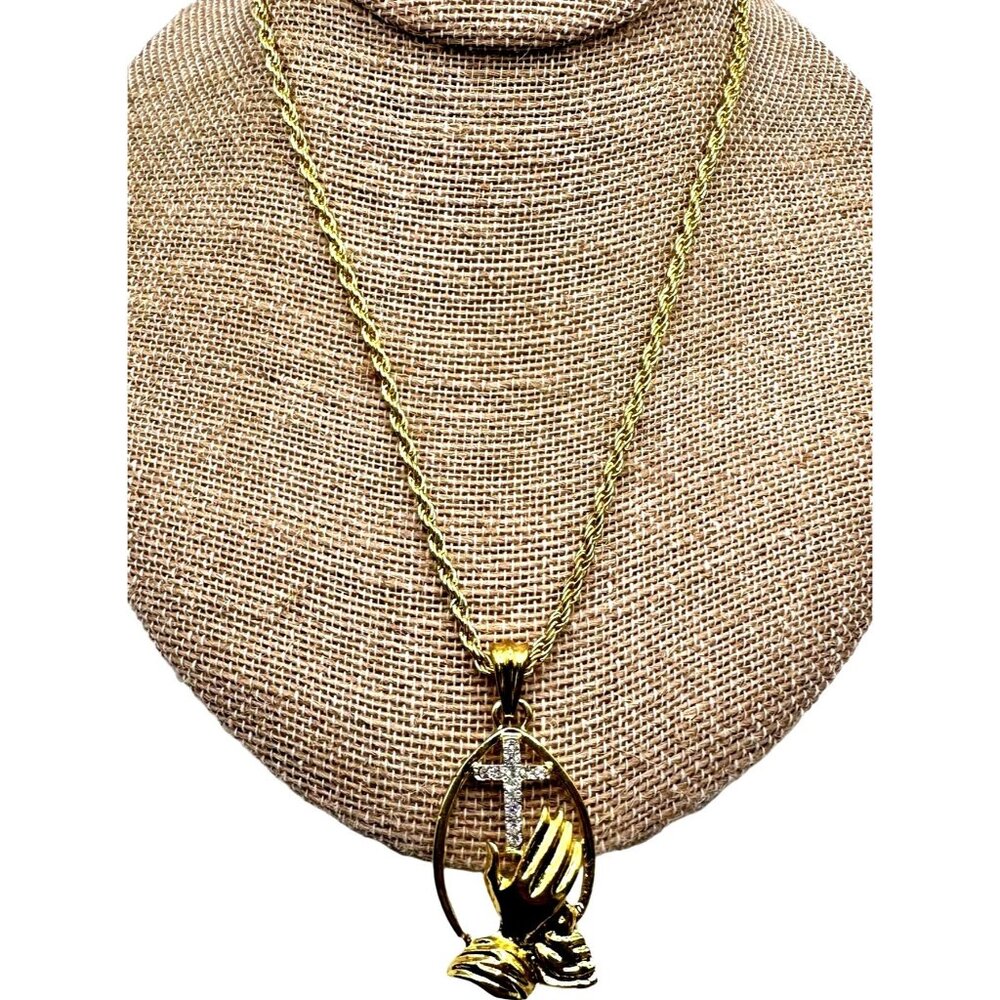 Praying Hands Symbolic Cross Pendant Necklace Oval Gold Christian Faith Religion